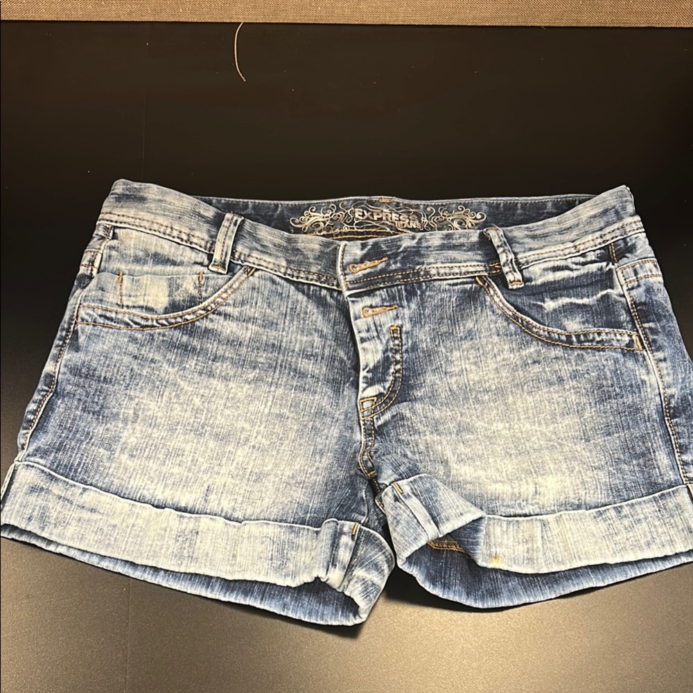 Express Blue Jean Shorts with Distressed Finish